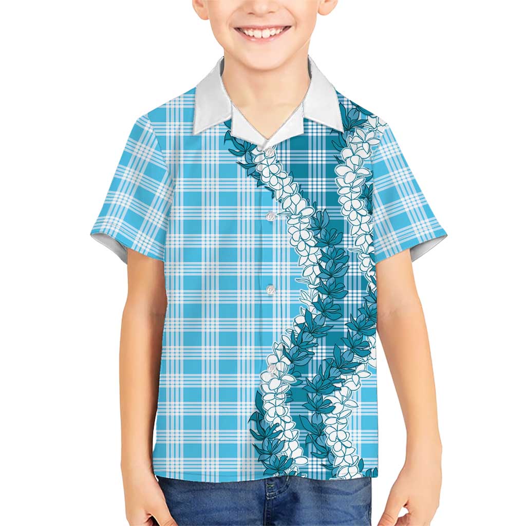Blue Hawaii Palaka Family Matching Short Sleeve Bodycon Dress and Hawaiian Shirt Hawaiian Honohono Lei