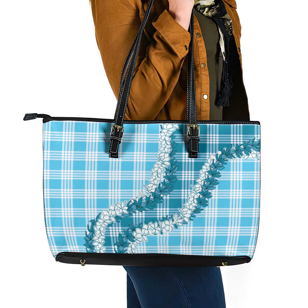 Blue Hawaii Palaka Leather Tote Bag Hawaiian Honohono Lei