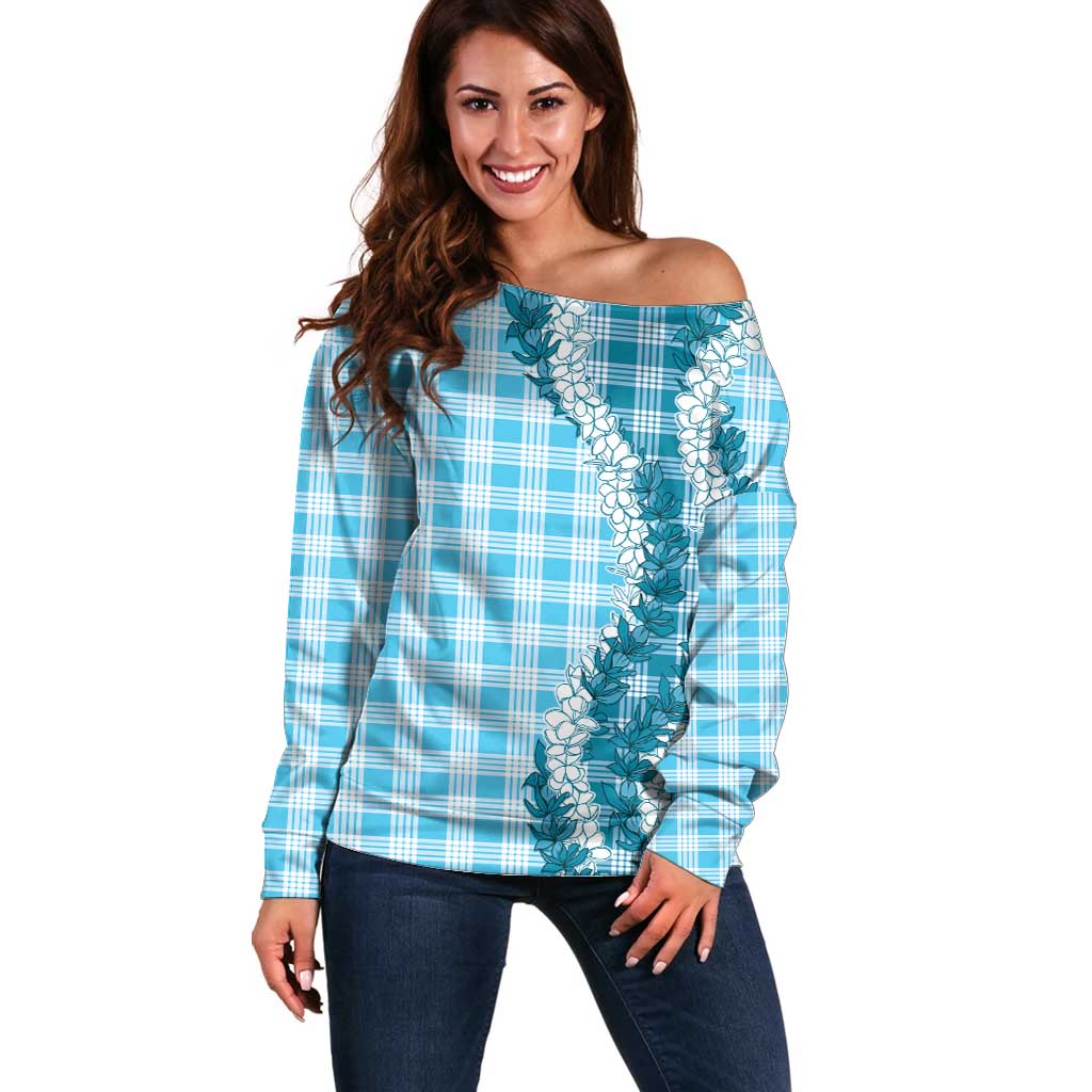 Blue Hawaii Palaka Off Shoulder Sweater Hawaiian Honohono Lei