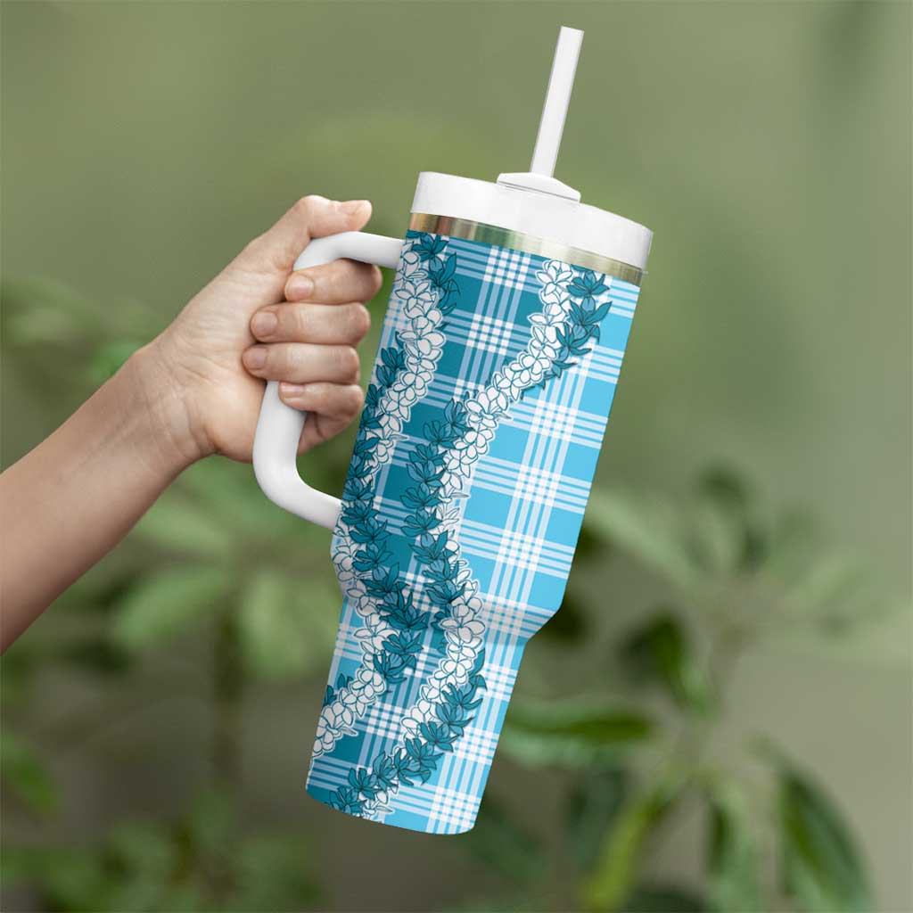 Blue Hawaii Palaka Tumbler With Handle Hawaiian Honohono Lei