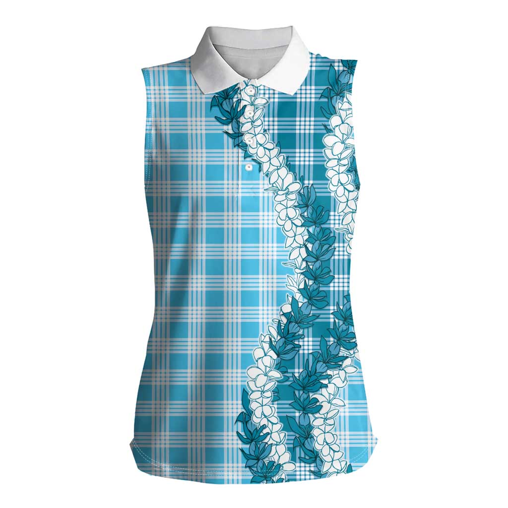Blue Hawaii Palaka Women Sleeveless Polo Shirt Hawaiian Honohono Lei
