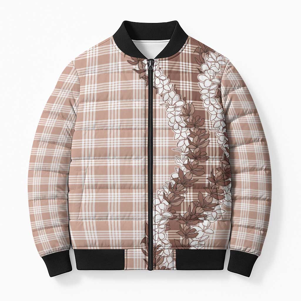 Beige Hawaii Palaka Bomber Puffer Jacket Hawaiian Honohono Lei