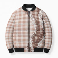 Beige Hawaii Palaka Bomber Puffer Jacket Hawaiian Honohono Lei