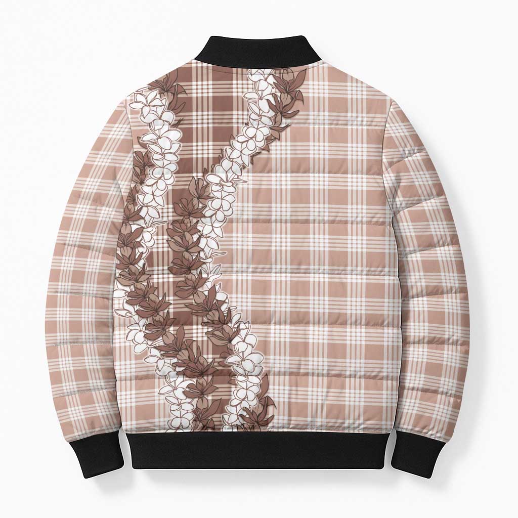 Beige Hawaii Palaka Bomber Puffer Jacket Hawaiian Honohono Lei