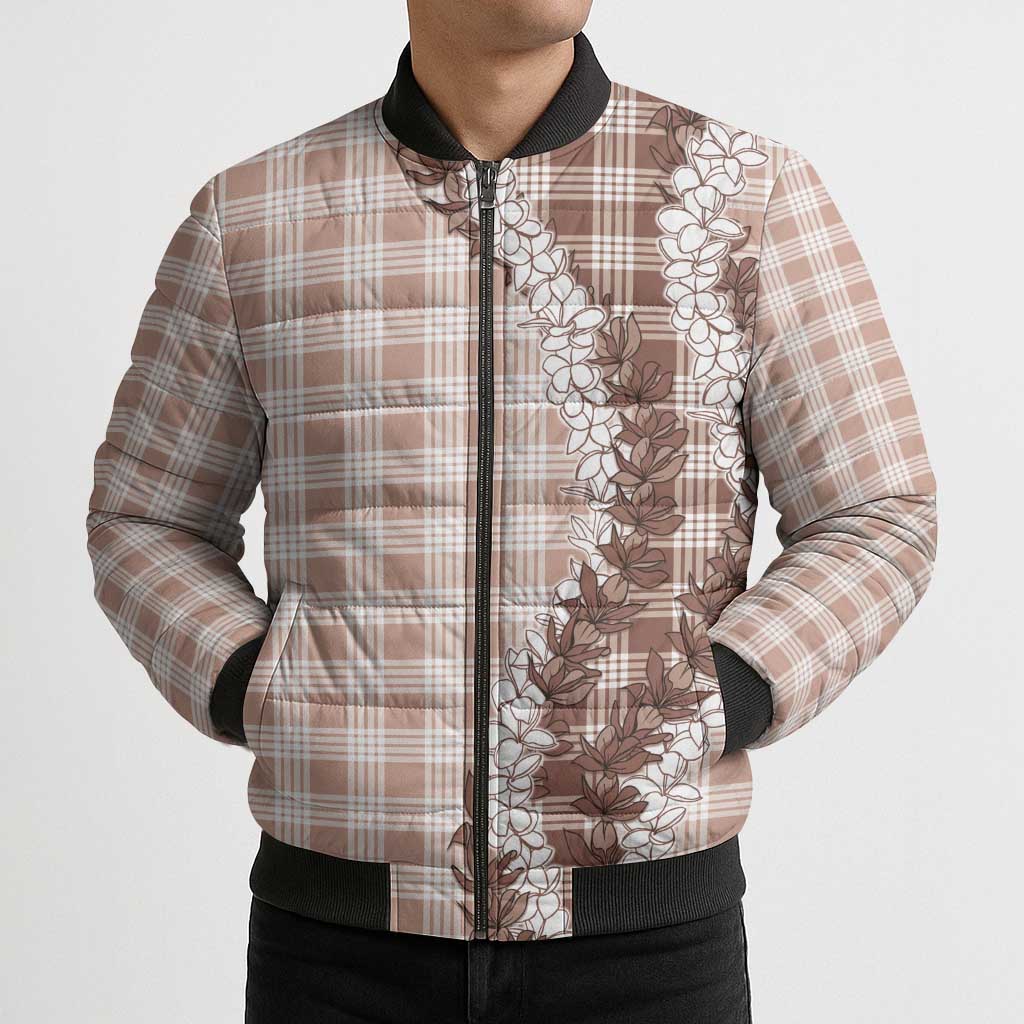 Beige Hawaii Palaka Bomber Puffer Jacket Hawaiian Honohono Lei