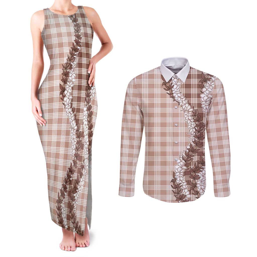 Beige Hawaii Palaka Couples Matching Tank Maxi Dress and Long Sleeve Button Shirt Hawaiian Honohono Lei