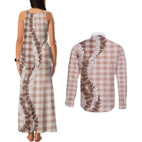 Beige Hawaii Palaka Couples Matching Tank Maxi Dress and Long Sleeve Button Shirt Hawaiian Honohono Lei