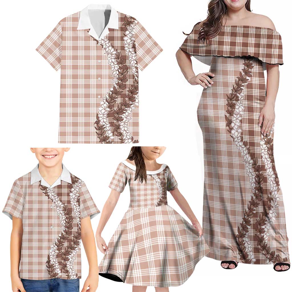 Beige Hawaii Palaka Family Matching Off Shoulder Maxi Dress and Hawaiian Shirt Hawaiian Honohono Lei LT05 - Polynesian Pride