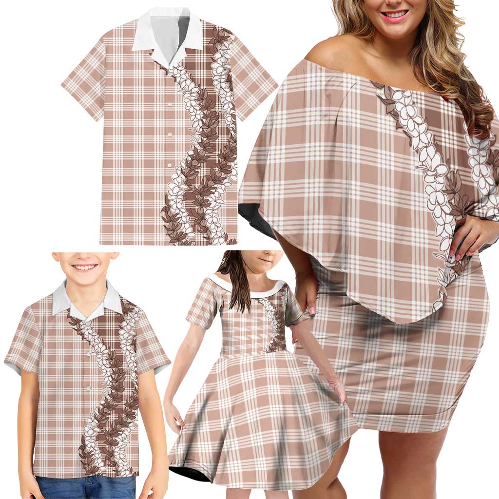 Beige Hawaii Palaka Family Matching Off Shoulder Short Dress and Hawaiian Shirt Hawaiian Honohono Lei