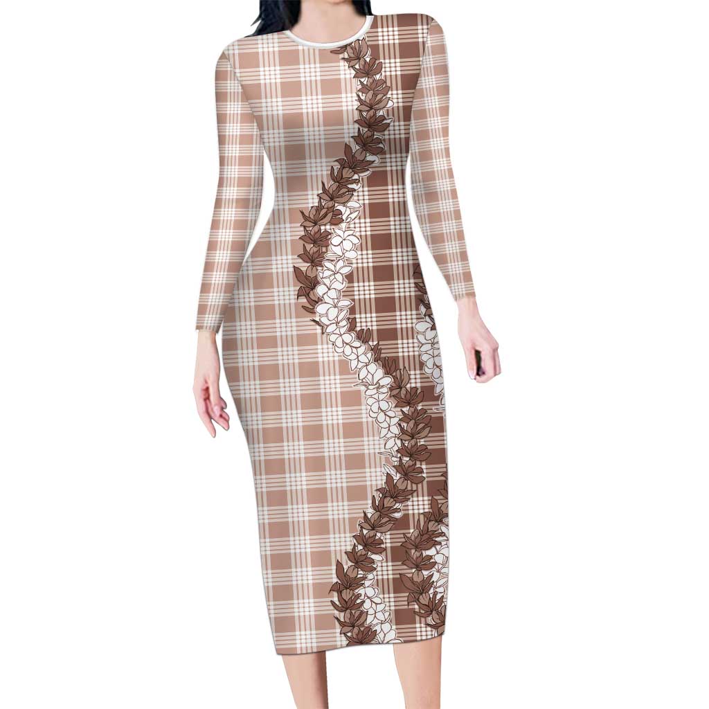 Beige Hawaii Palaka Long Sleeve Bodycon Dress Hawaiian Honohono Lei