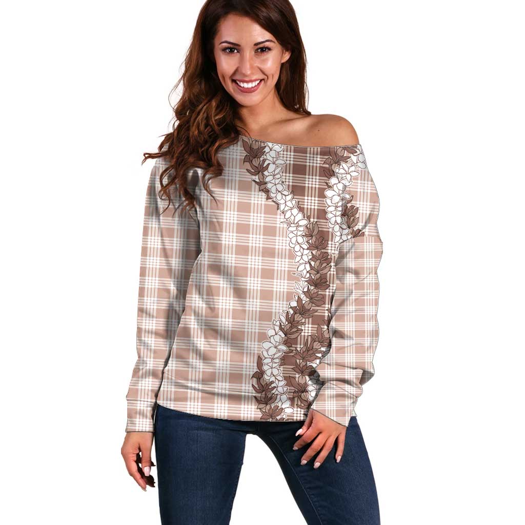 Beige Hawaii Palaka Off Shoulder Sweater Hawaiian Honohono Lei