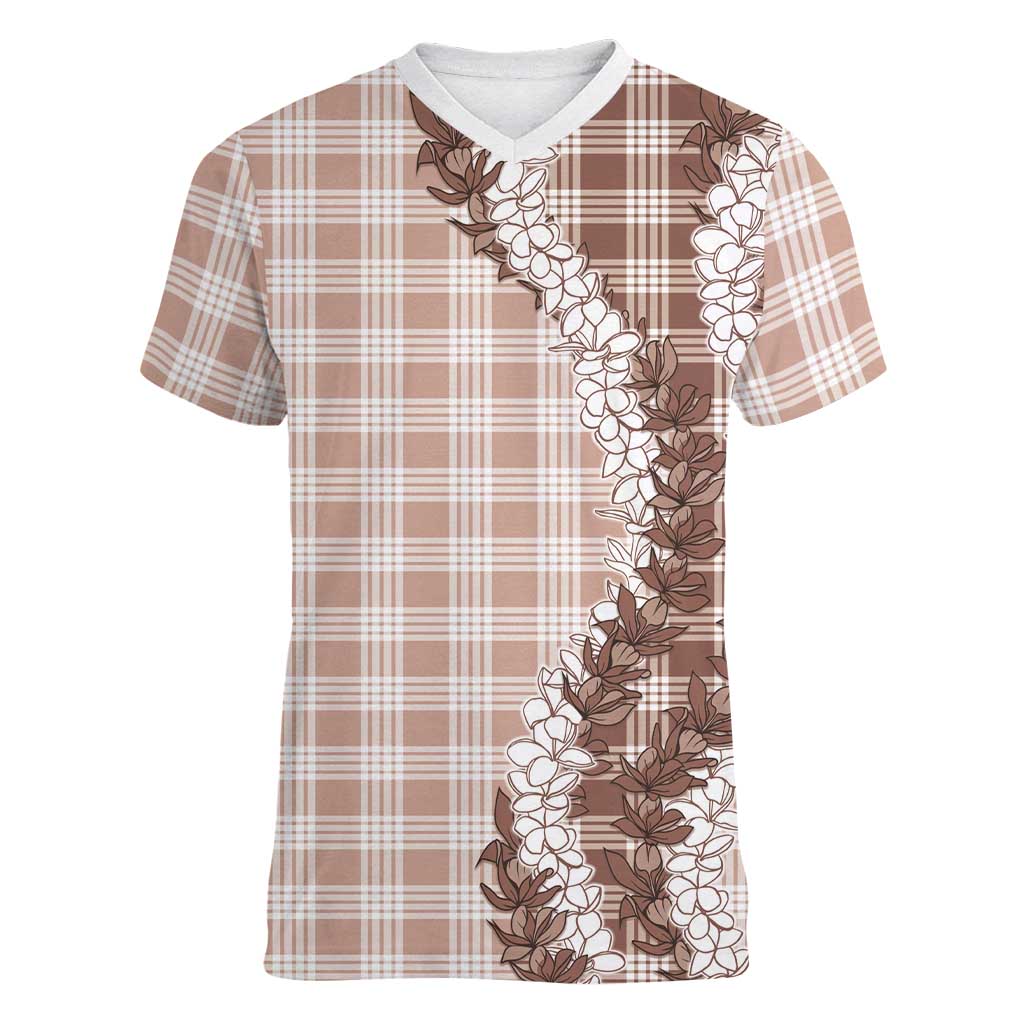Beige Hawaii Palaka Women V-Neck T-Shirt Hawaiian Honohono Lei