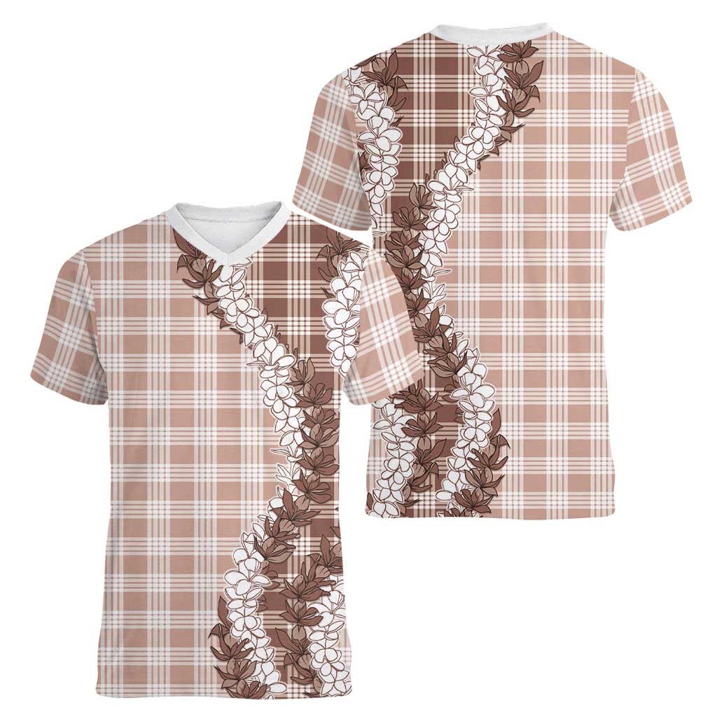 Beige Hawaii Palaka Women V-Neck T-Shirt Hawaiian Honohono Lei