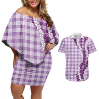 Violet Hawaii Palaka Couples Matching Off Shoulder Short Dress and Hawaiian Shirt Hawaiian Honohono Lei