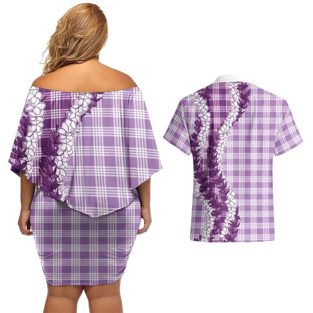 Violet Hawaii Palaka Couples Matching Off Shoulder Short Dress and Hawaiian Shirt Hawaiian Honohono Lei