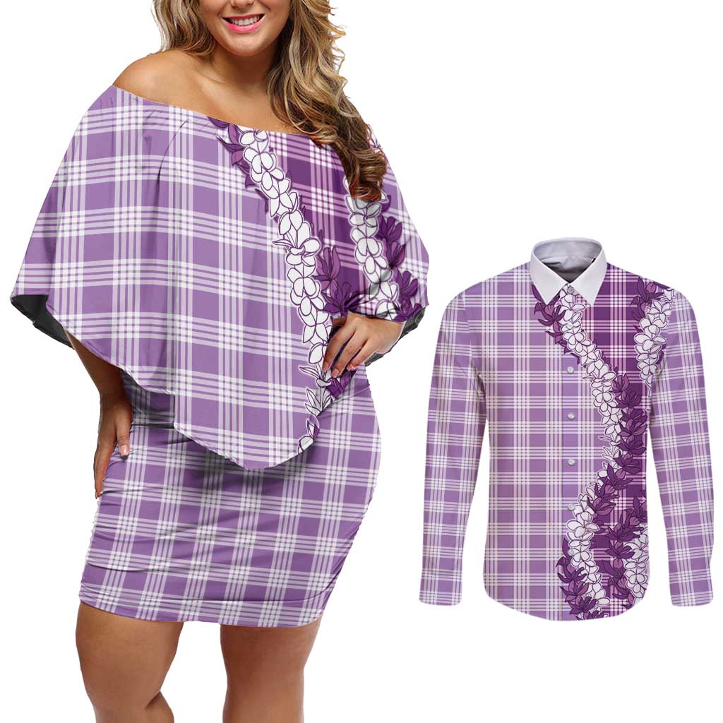 Violet Hawaii Palaka Couples Matching Off Shoulder Short Dress and Long Sleeve Button Shirt Hawaiian Honohono Lei LT05 Violet - Polynesian Pride