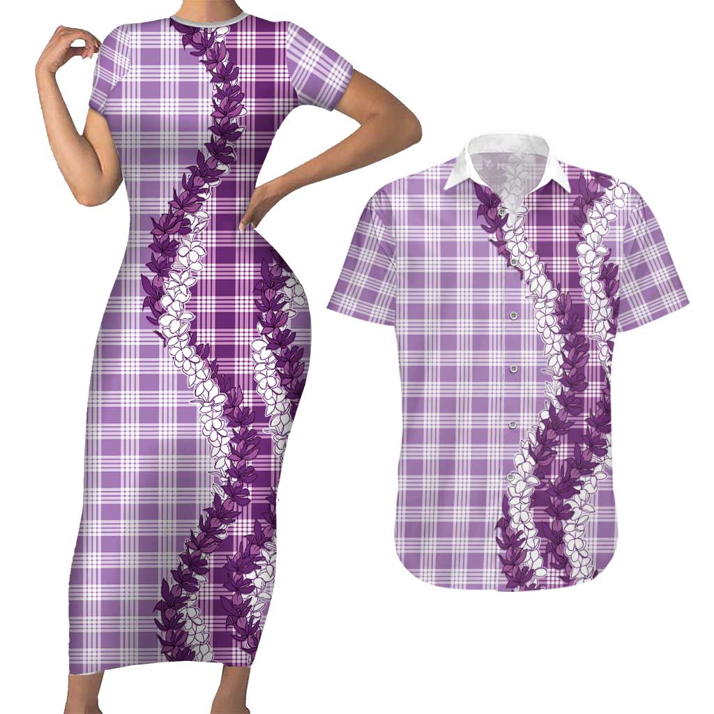 Violet Hawaii Palaka Couples Matching Short Sleeve Bodycon Dress and Hawaiian Shirt Hawaiian Honohono Lei