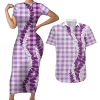 Violet Hawaii Palaka Couples Matching Short Sleeve Bodycon Dress and Hawaiian Shirt Hawaiian Honohono Lei