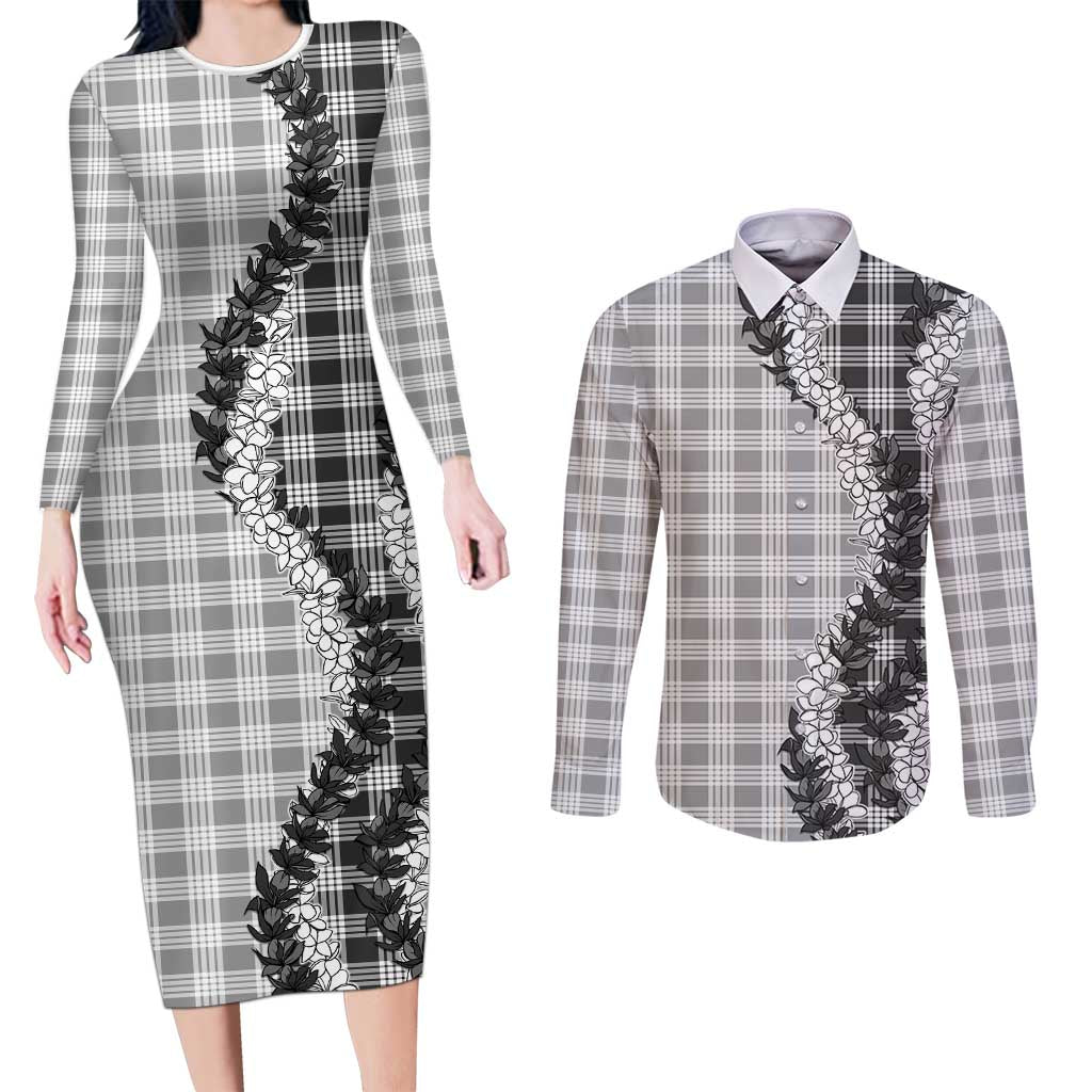 Gray Hawaii Palaka Couples Matching Long Sleeve Bodycon Dress and Long Sleeve Button Shirt Hawaiian Honohono Lei