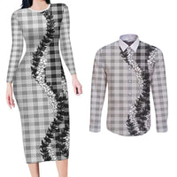 Gray Hawaii Palaka Couples Matching Long Sleeve Bodycon Dress and Long Sleeve Button Shirt Hawaiian Honohono Lei