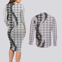 Gray Hawaii Palaka Couples Matching Long Sleeve Bodycon Dress and Long Sleeve Button Shirt Hawaiian Honohono Lei