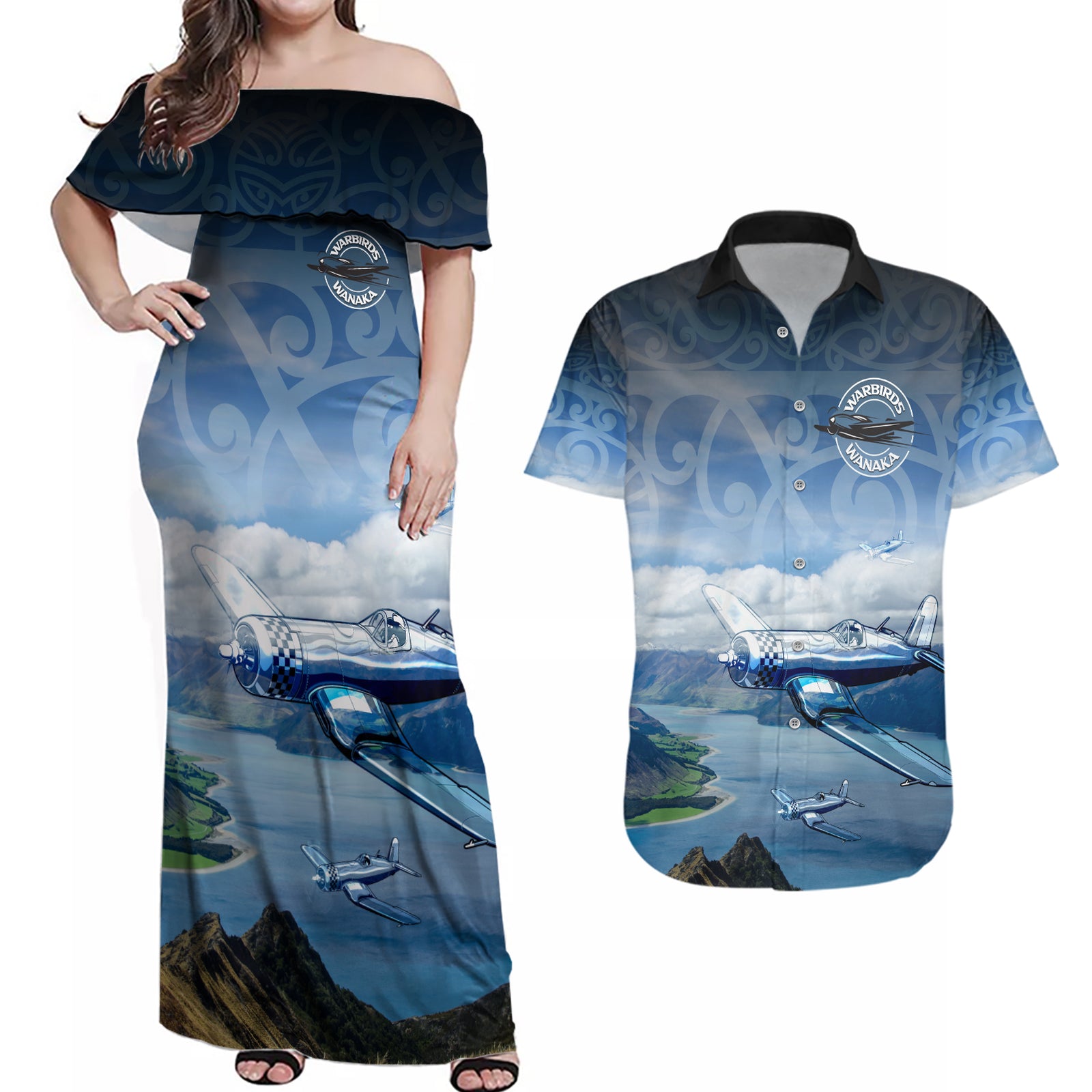 New Zealand Wanaka Air Show Couples Matching Off Shoulder Maxi Dress and Hawaiian Shirt With Maori Pattern LT05 Blue - Polynesian Pride