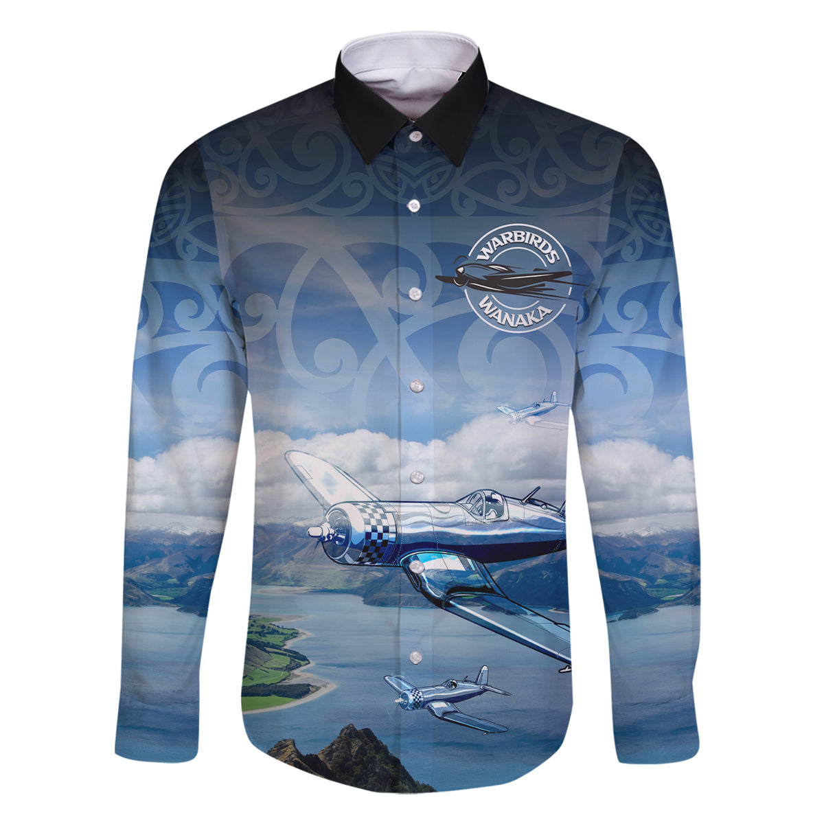 New Zealand Wanaka Air Show Family Matching Off Shoulder Short Dress and Hawaiian Shirt With Maori Pattern LT05 Dad's Shirt - Long Sleeve Blue - Polynesian Pride