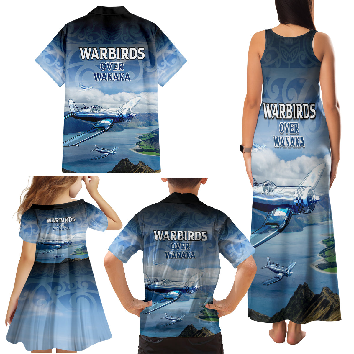 New Zealand Wanaka Air Show Family Matching Tank Maxi Dress and Hawaiian Shirt With Maori Pattern