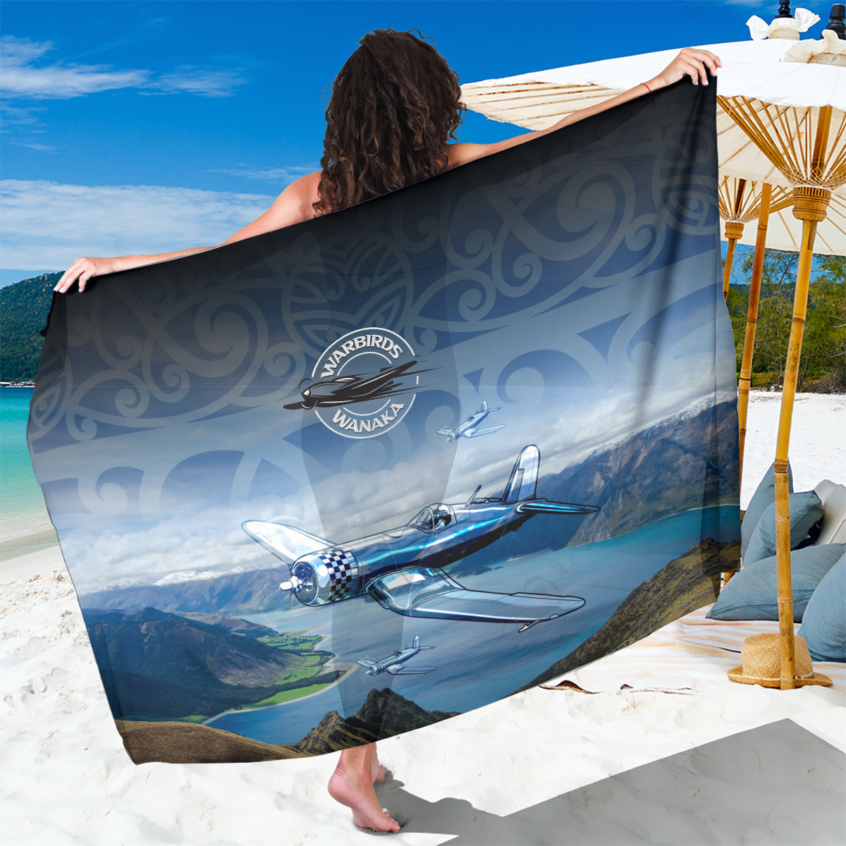 New Zealand Wanaka Air Show Sarong With Maori Pattern LT05 One Size 44 x 66 inches Blue - Polynesian Pride
