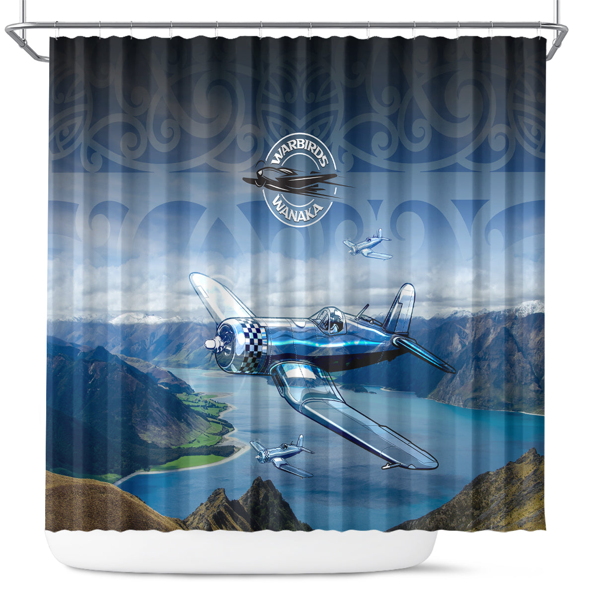 New Zealand Wanaka Air Show Shower Curtain With Maori Pattern LT05 Blue - Polynesian Pride