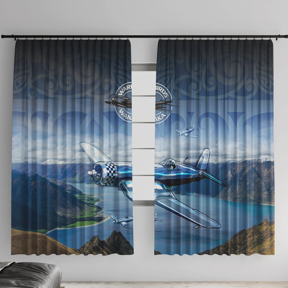 New Zealand Wanaka Air Show Window Curtain With Maori Pattern LT05 With Hooks Blue - Polynesian Pride