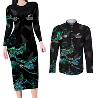 New Zealand Marathon Couples Matching Long Sleeve Bodycon Dress and Long Sleeve Button Shirt Silver Fern Paua Shell Simple Style
