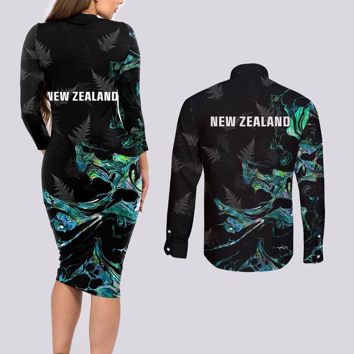 New Zealand Marathon Couples Matching Long Sleeve Bodycon Dress and Long Sleeve Button Shirt Silver Fern Paua Shell Simple Style