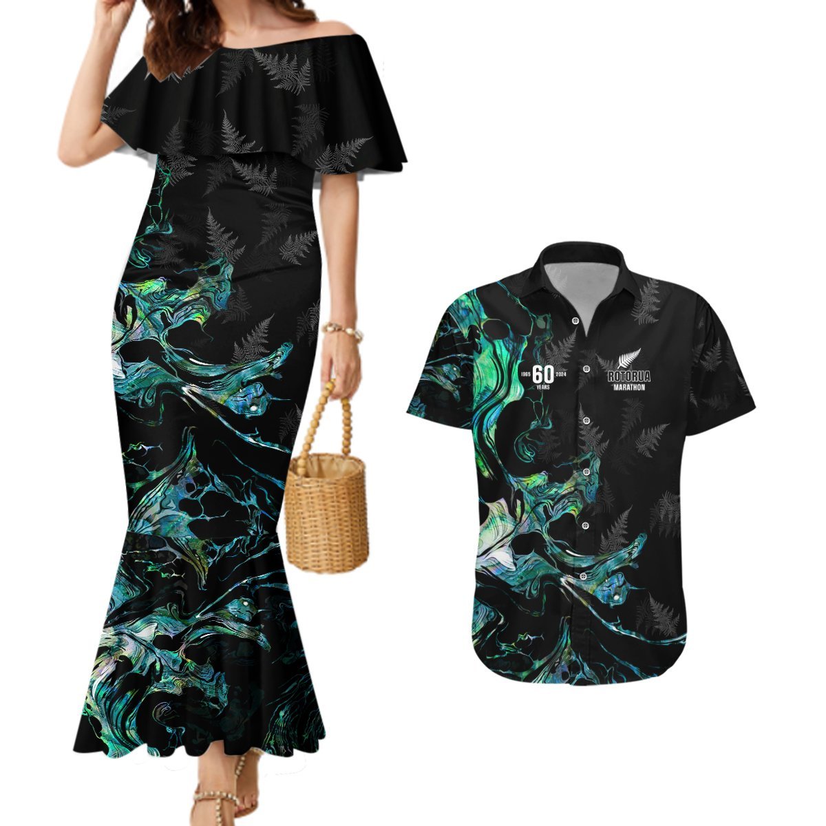 New Zealand Marathon Couples Matching Mermaid Dress and Hawaiian Shirt Silver Fern Paua Shell Simple Style LT05 Black - Polynesian Pride