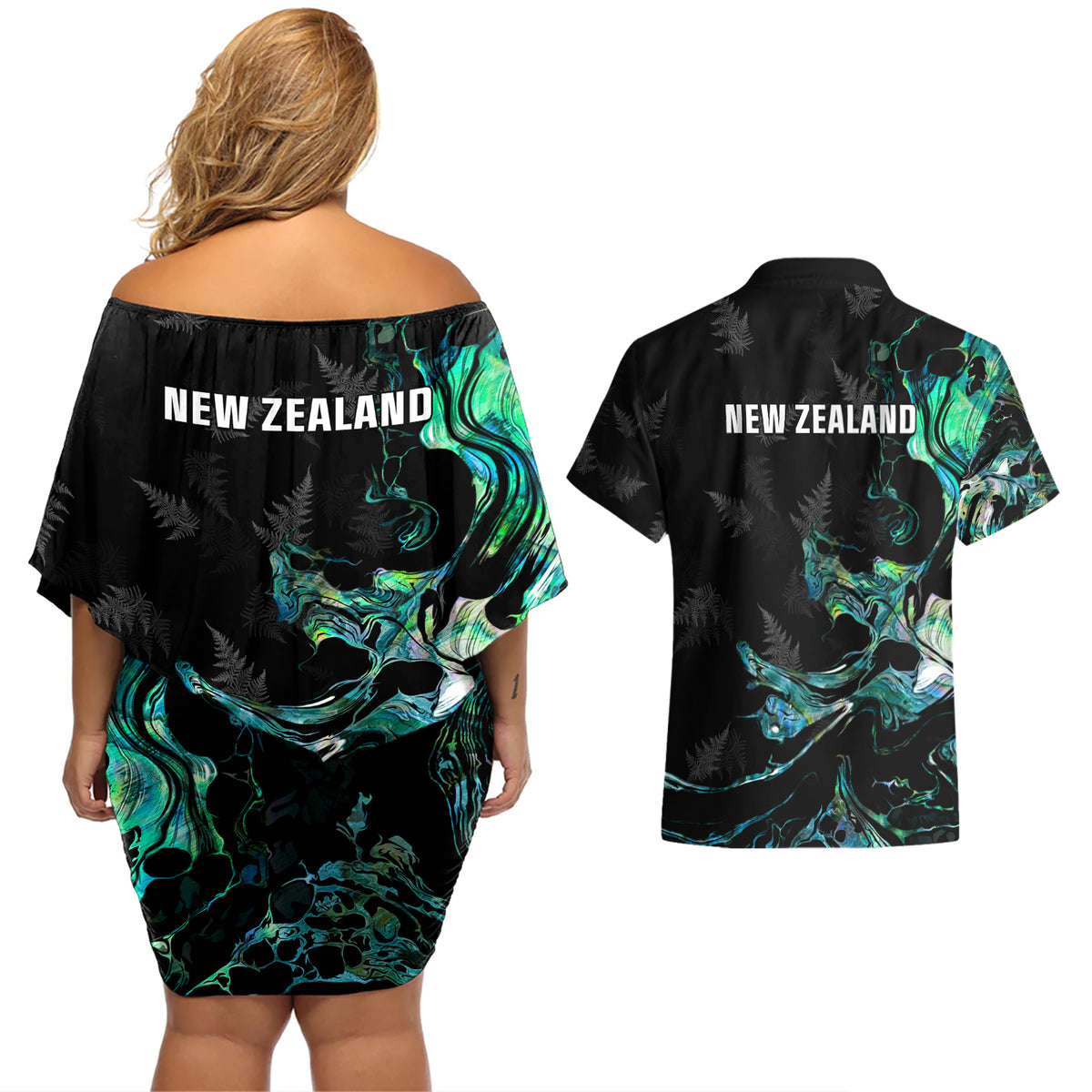 New Zealand Marathon Couples Matching Off Shoulder Short Dress and Hawaiian Shirt Silver Fern Paua Shell Simple Style