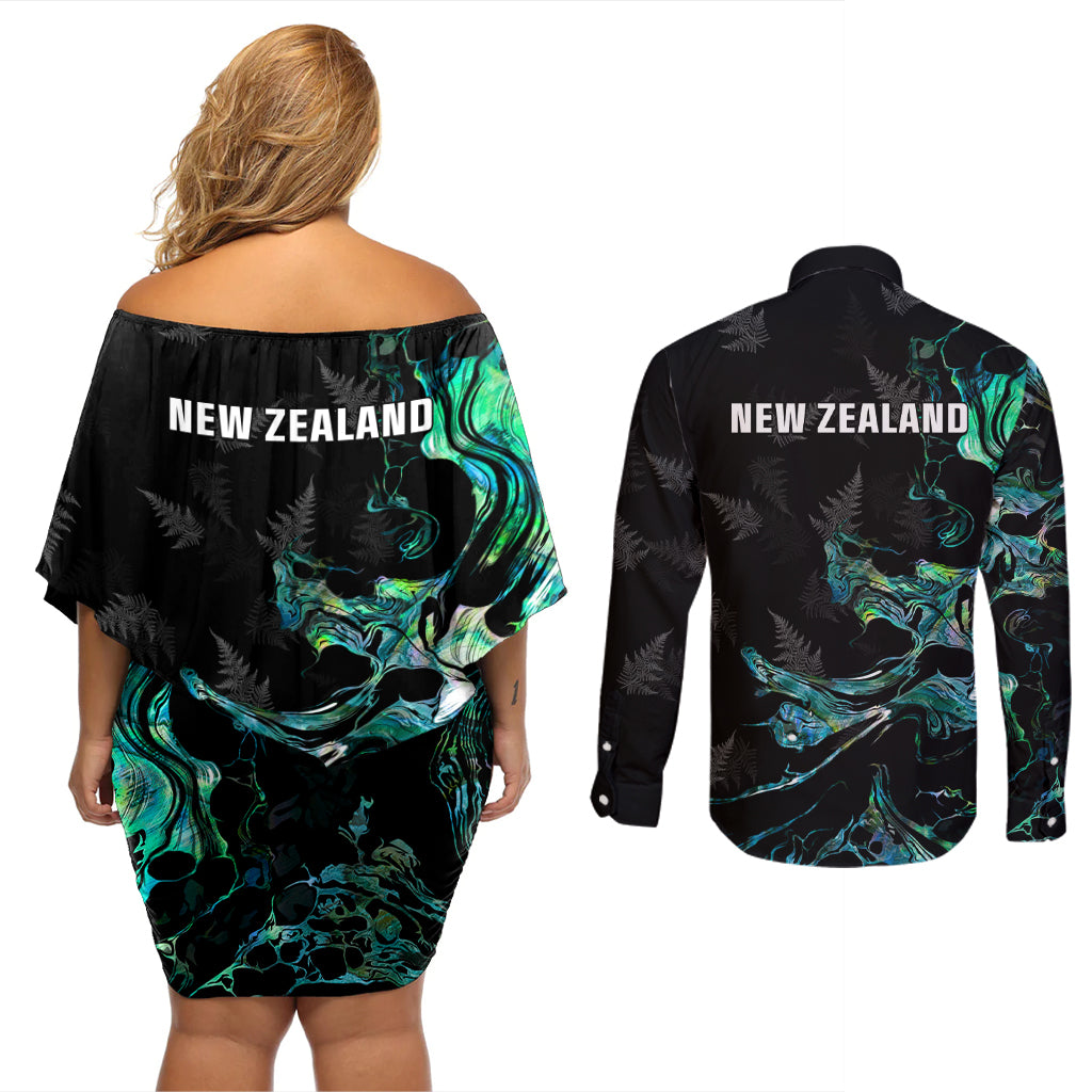 New Zealand Marathon Couples Matching Off Shoulder Short Dress and Long Sleeve Button Shirt Silver Fern Paua Shell Simple Style