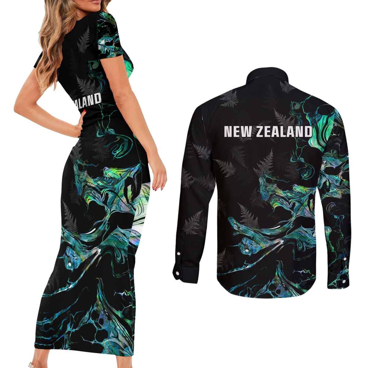 New Zealand Marathon Couples Matching Short Sleeve Bodycon Dress and Long Sleeve Button Shirt Silver Fern Paua Shell Simple Style