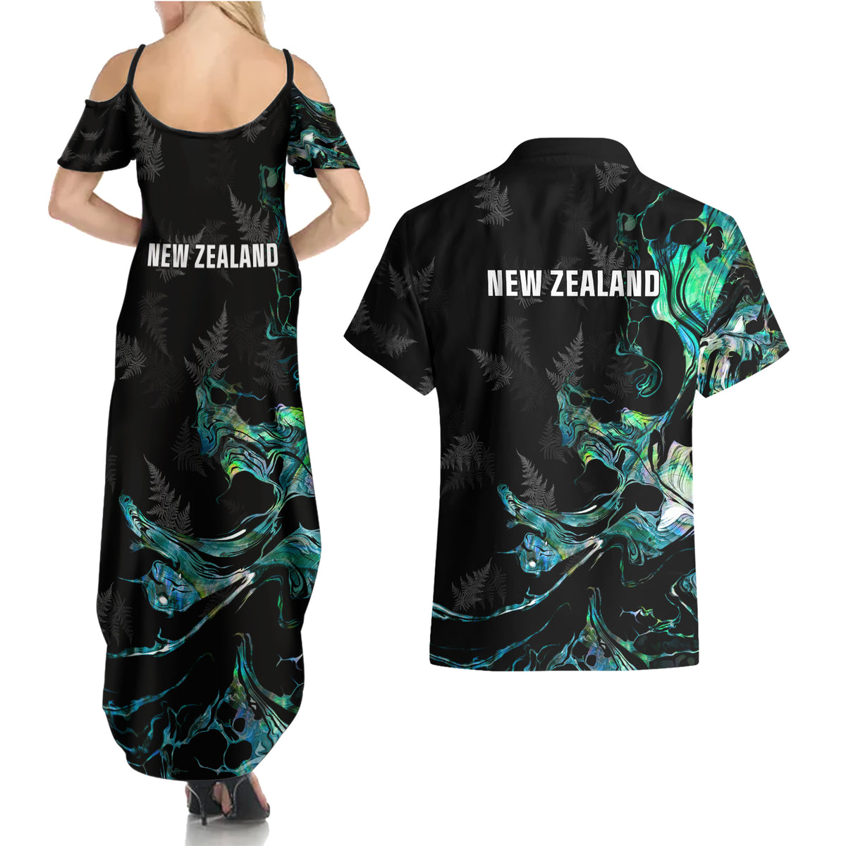 New Zealand Marathon Couples Matching Summer Maxi Dress and Hawaiian Shirt Silver Fern Paua Shell Simple Style