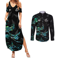 New Zealand Marathon Couples Matching Summer Maxi Dress and Long Sleeve Button Shirt Silver Fern Paua Shell Simple Style