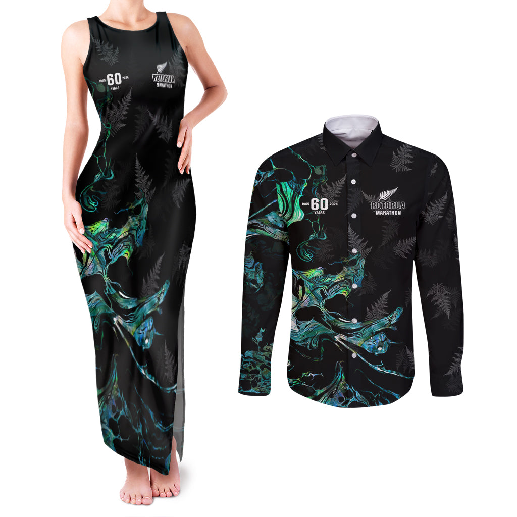 New Zealand Marathon Couples Matching Tank Maxi Dress and Long Sleeve Button Shirt Silver Fern Paua Shell Simple Style