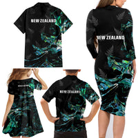New Zealand Marathon Family Matching Long Sleeve Bodycon Dress and Hawaiian Shirt Silver Fern Paua Shell Simple Style