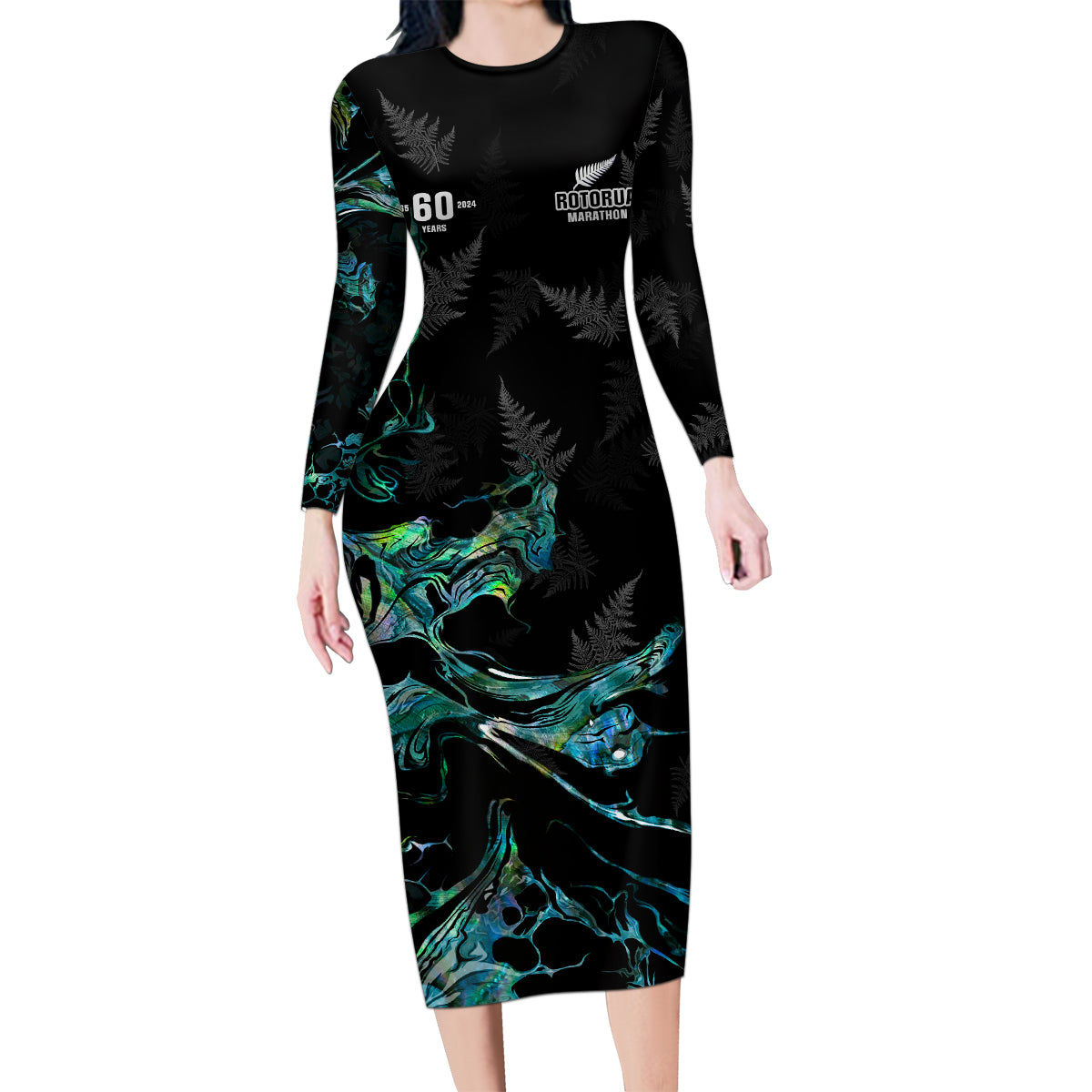 New Zealand Marathon Family Matching Long Sleeve Bodycon Dress and Hawaiian Shirt Silver Fern Paua Shell Simple Style