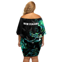 New Zealand Marathon Family Matching Off Shoulder Short Dress and Hawaiian Shirt Silver Fern Paua Shell Simple Style