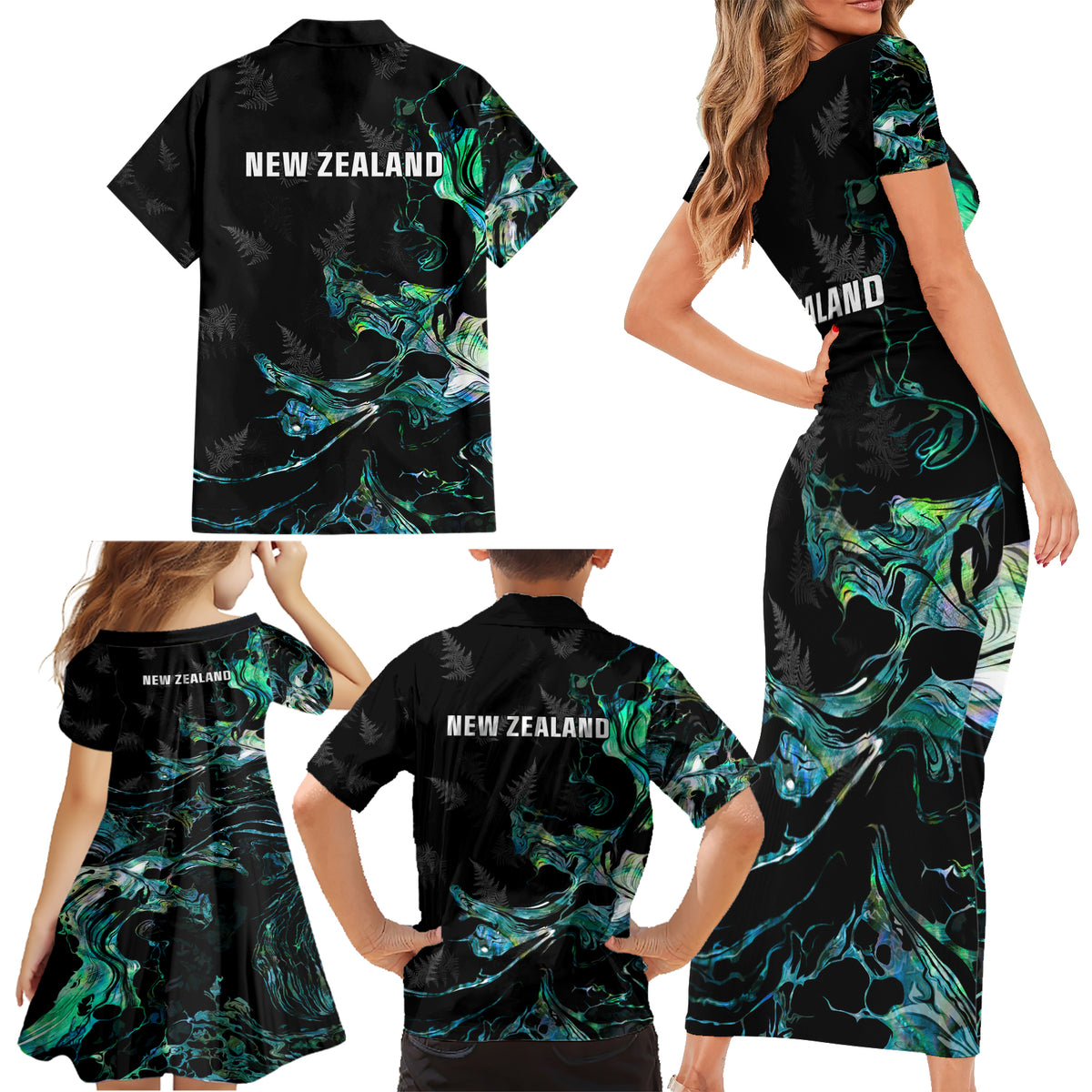 New Zealand Marathon Family Matching Short Sleeve Bodycon Dress and Hawaiian Shirt Silver Fern Paua Shell Simple Style