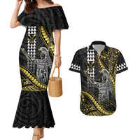 Hawaii King Kamehameha The Great Couples Matching Mermaid Dress and Hawaiian Shirt Gold Tribal Tattoo