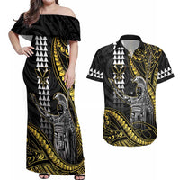 Hawaii King Kamehameha The Great Couples Matching Off Shoulder Maxi Dress and Hawaiian Shirt Gold Tribal Tattoo