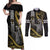 Hawaii King Kamehameha The Great Couples Matching Off Shoulder Maxi Dress and Long Sleeve Button Shirt Gold Tribal Tattoo