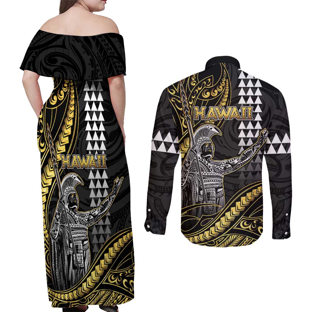 Hawaii King Kamehameha The Great Couples Matching Off Shoulder Maxi Dress and Long Sleeve Button Shirt Gold Tribal Tattoo