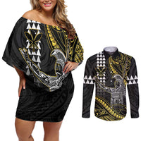 Hawaii King Kamehameha The Great Couples Matching Off Shoulder Short Dress and Long Sleeve Button Shirt Gold Tribal Tattoo