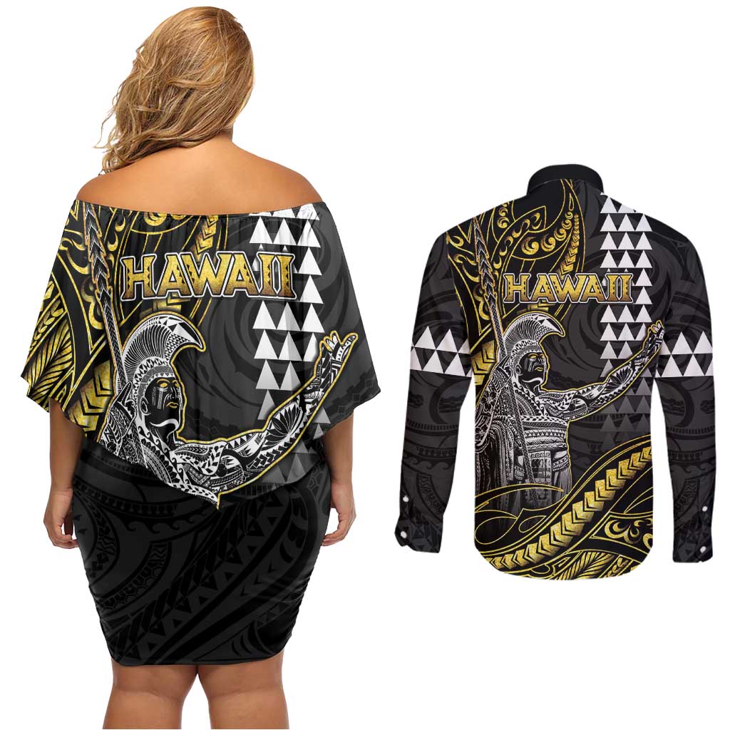 Hawaii King Kamehameha The Great Couples Matching Off Shoulder Short Dress and Long Sleeve Button Shirt Gold Tribal Tattoo